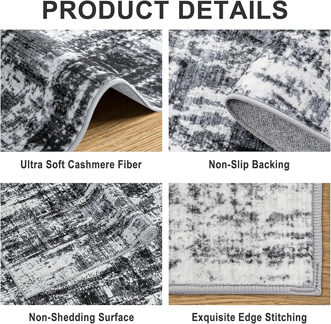 Area Rugs Living Room Rug - 4x6 Washable Modern Abstract Soft Neutral Non-Slip Carpet Large Indoor Floor Thin Carpets for Bedroom Dining Room Farmhouse Nursery Home Office Black