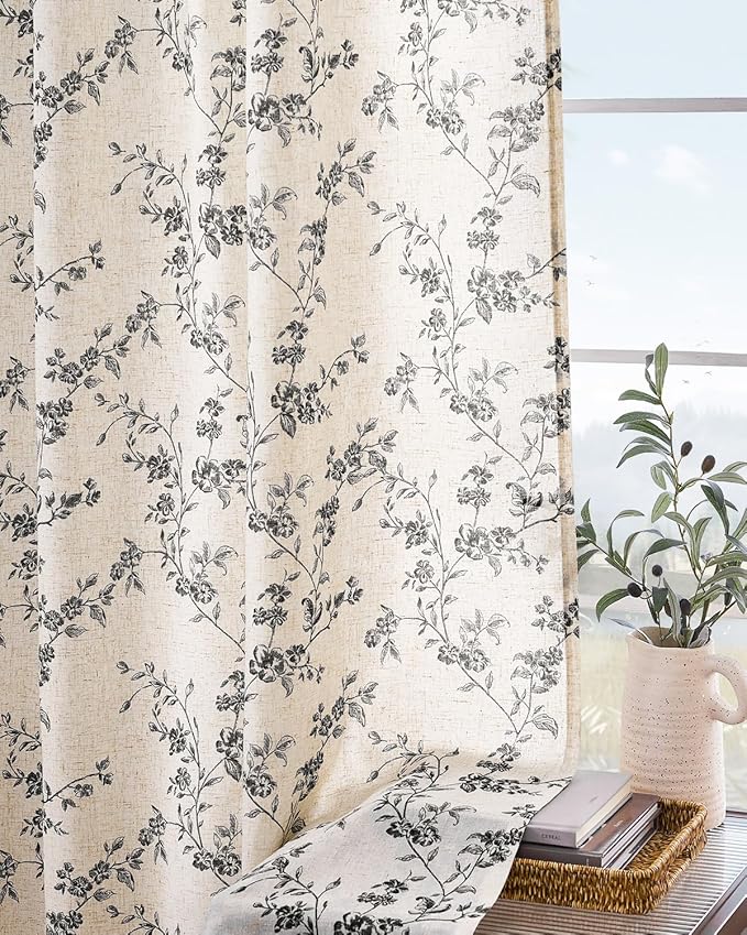 Lazzzy Black Floral Linen Curtains 84 Inch Farmhouse Back Tab Drapes for Living Room Bedroom Light Filtering Vintage Grandmillennial Rod Pocket Curtains, 2 Panels, W38 x L84, Black on Beige