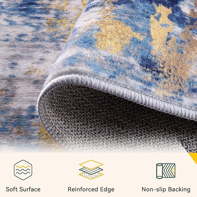 Washable Area Rugs 2'6''x8 Non-Slip Modern Abstract Soft for Living Room Entryway Bedroom Nursery, Print Pattern, Grey Blue Gold/Golden
