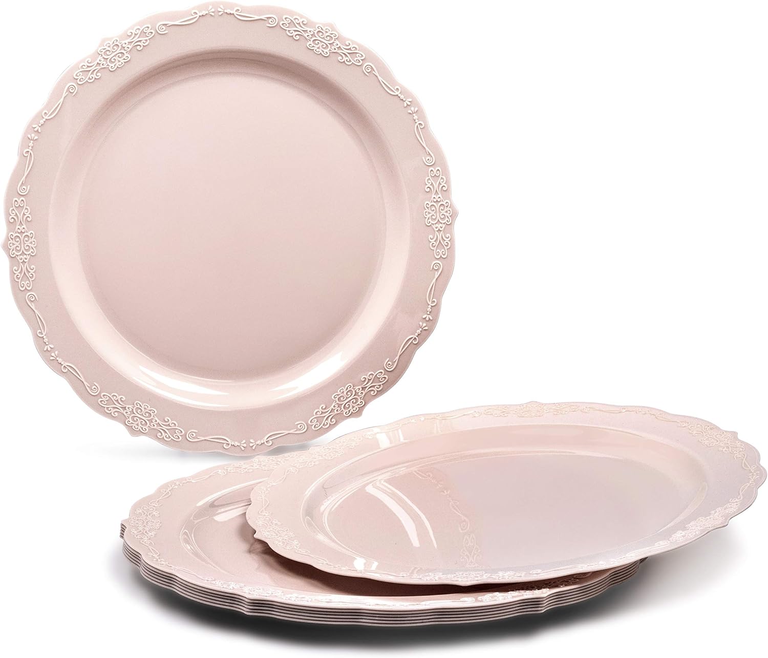" OCCASIONS " 50 Plates Pack (25 Guests)-Vintage Wedding Party Disposable Plastic Plate Set -25 x 10'' Dinner + 25 x 7.5'' Salad/Dessert plates (Verona Blush Pink/Antique Rose)