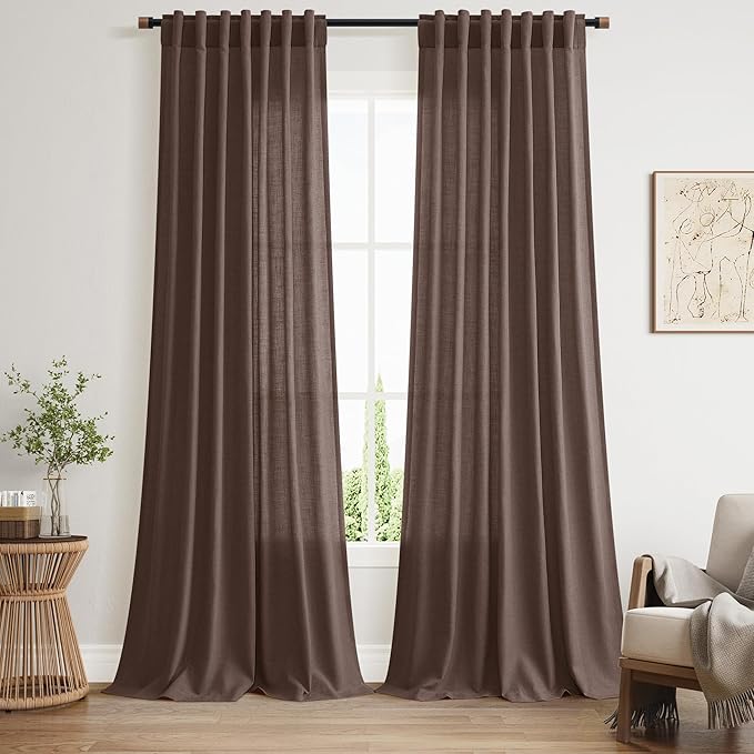 Cappuccino Linen Curtains 90 Inch Long 2 Panels Set for Bedroom Living Room, Soft Linen Textured Window Drapes Semi Sheer Light Filtering Rod Pocket Back Tab Morden Style 52x90