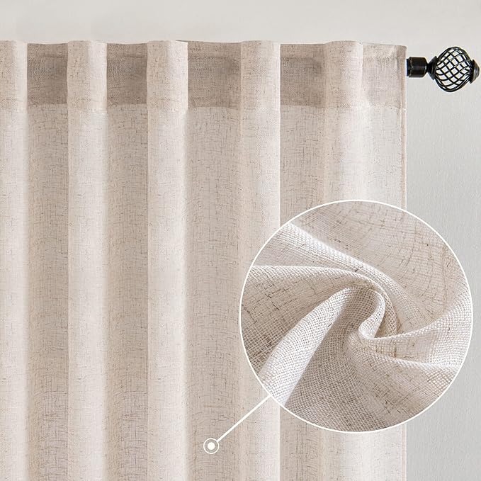 MIULEE Natural White Linen Curtains 63 Inch Length 2 Panels for Bedroom Living Room, Soft Thick Linen Textured Kitchen Window Drapes Semi Sheer Light Filtering Back Tab Rod Pocket Burlap Look Decor