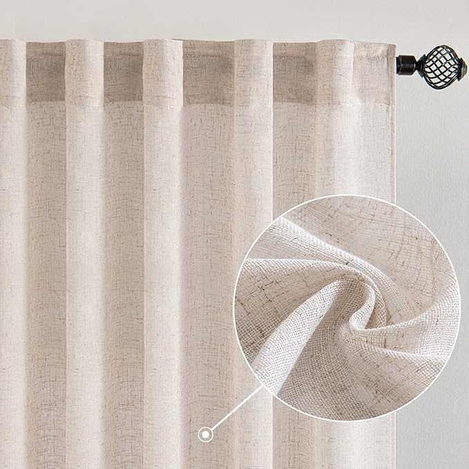 MIULEE Natural White Linen Curtains 100 Inch Length 2 Panels for Bedroom Living Room, Soft Thick Linen Textured Window Drapes Semi Sheer Light Filtering Back Tab Rod Pocket Burlap Look Decor