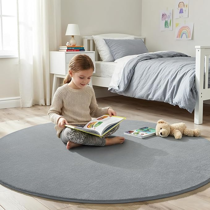 Amearea Grey Round Area Rugs 6ft Washable Circle Rugs for Bedroom Living Room, Fluffy Indoor Thickened Memory Foam Rug, Non Slip Minimalist Circular Carpet for Kids Boys Girls Dorm Nursery Room Decor