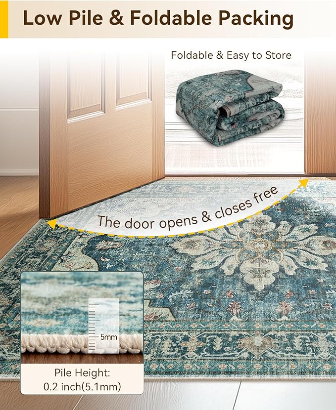 RELEANY Area Rugs 6'x8' Washable Non-Slip, Floral Vintage Distress Print Pattern Medallion Carpet for Living Room Bedroom Dining Room, Dark Blue Vintage