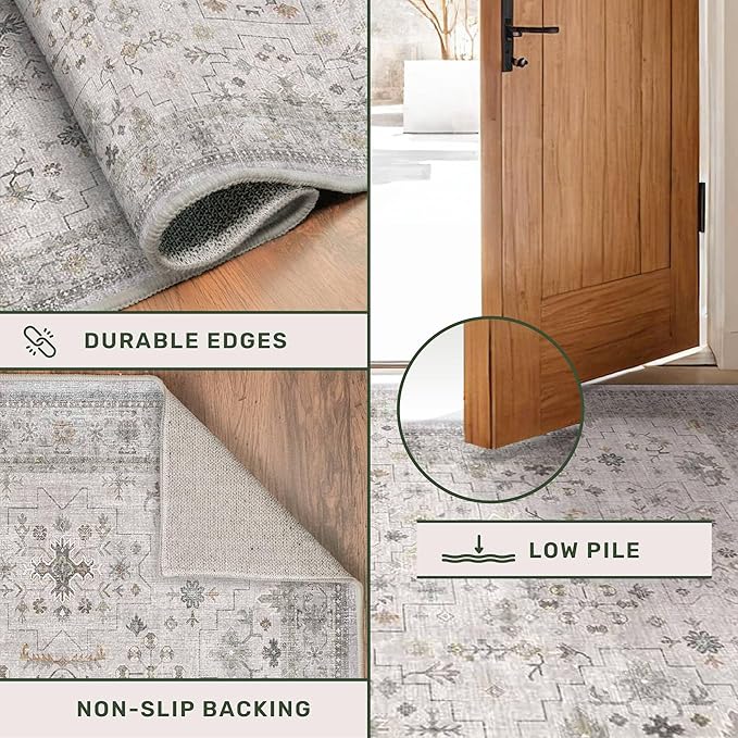 Hazo Haus Boho Light Grey Living Room Rug 10x12 - Modern Vintage Eclectic Floral Pastel Neutral Taupe, Washable Low Pile Non-Slip Extra Large Area Rugs for Dining Under Table Bedroom Lounge