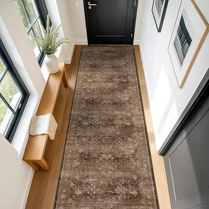 Hazo Haus Brown Earthy Boho Washable 3x10 Extra Long Hallway Runner Rug, Waterproof Large Kitchen Floor Rug Indoor, Non-Slip Stain & Fade Resistant, Vintage Dark Taupe Decor