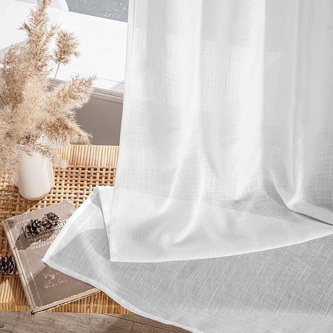 MIULEE White Linen Curtains 78 Inch Long 2 Panels for Bedroom Living Room, Soft Thick Linen Textured Back Tab Window Drapes Semi Sheer Light Filtering Rod Pocket Modern Farmhouse Decor