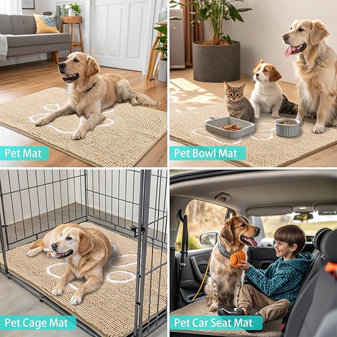 Smiry Dog Door Mat for Muddy Paws, Absorbent Dirt Trapper Non Slip Quick Dry Washable Chenille Mat for Mud Dogs, Entry Rug for Indoor and Outdoor (44x24 Inches, Beige and White)