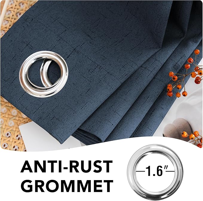 H.VERSAILTEX Linen Blackout Curtains 84 Inches Long 100% Absolutely Blackout Thermal Insulated Textured Linen Look Curtain Draperies Anti-Rust Grommet, Energy Saving with White Liner, 2 Panels, Navy
