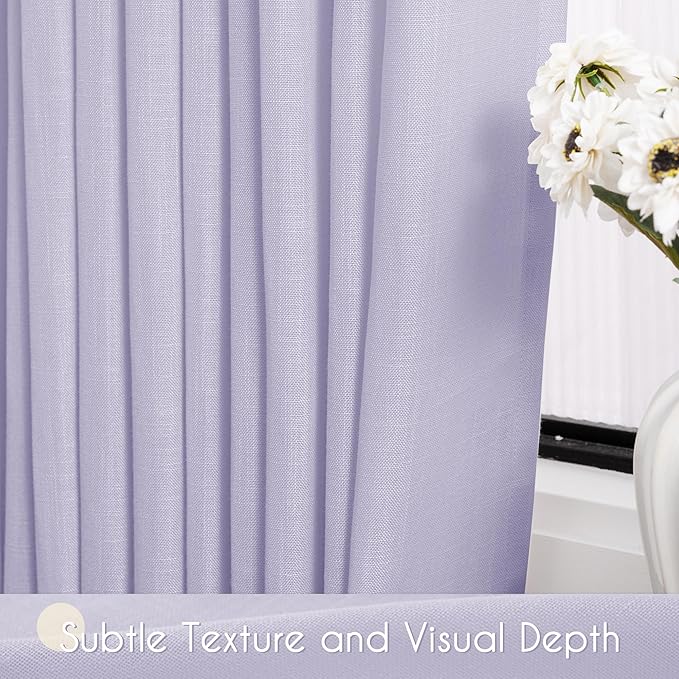 Lavender Back Tab Linen Curtains 102 Inches Length for Bedroom Living Room Semi Sheer Privacy Light Filtering Drapes Farmhouse Boho Texture Window Treatment Sets Violet Purple 52ﾗ102