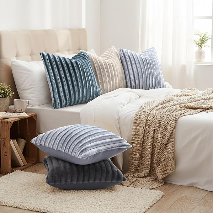 decorUhome Cozy Faux Fur Throw Pillow Covers 24x24 Set of 2 Decorative Soft Plush Striped Modern Farmhouse Boho Couch Euro Sham Pillow Cases with Velvet Back for Sofa Bed Living Room, Dark Grey