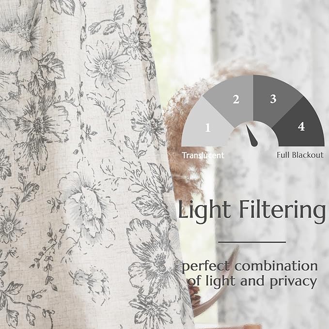 jinchan Linen Blend Curtain Floral Curtains for Living Room 54 Inch Length Grey Printed Curtain Rod Pocket Back Tab Farmhouse Peony Flower Patterned Drapes Bedroom Window Curtains Set 2 Panels