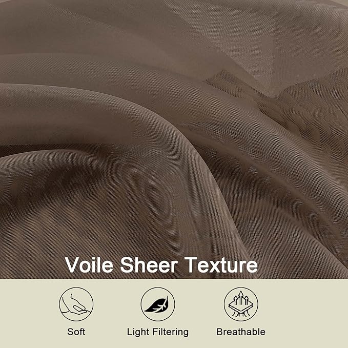 Chocolate Sheer Curtains for Bedroom Living Room 96 Inches Long 2 Panels, Modern Airy Soft Lightweight Rod Pocket Light Filtering Sheer Curtains Drapes, Chocolate, Each 42" Wx96 L Inch