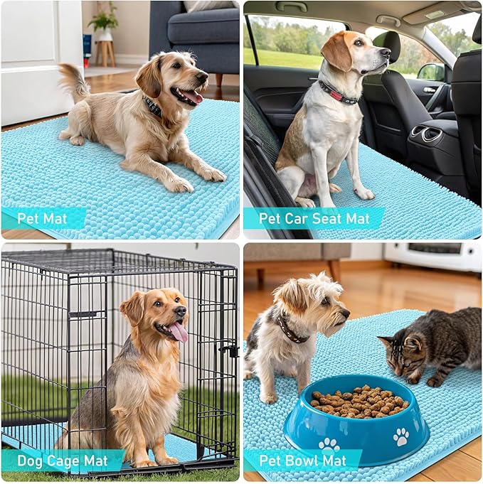 OLANLY Dog Door Mat for Muddy Paws 34x21, Absorbs Moisture and Dirt, Absorbent Non-Slip Washable Doormat, Quick Dry Chenille Mud Mat for Dogs, Entry Indoor Entryway Carpet for Inside Floor, Blue