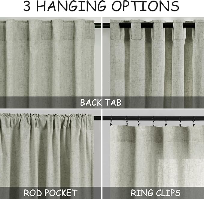 Sage Green Curtains 100 inches Long 2 panels for Living Room Back Tab Rod Pocket Semi Sheer Linen Draperies Muted Neutral Sage Room Decor Earth Tone Pale Green Curtains 100 inch Length for Bedroom