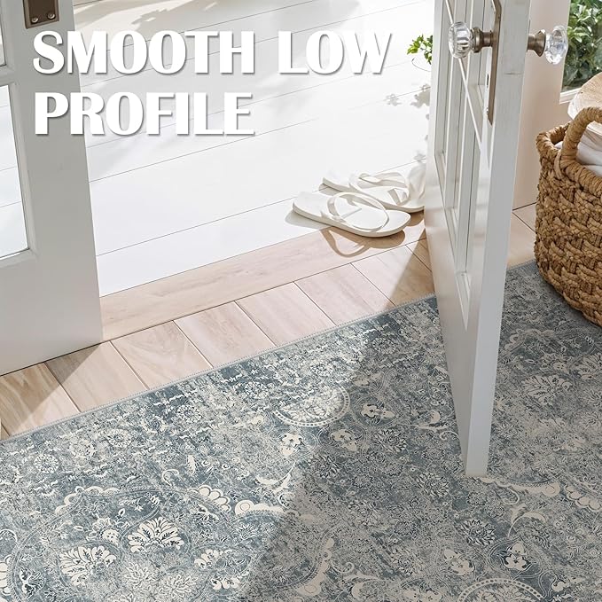 4x8 Washable Hallway Runner Rug - Wide Kitchen Runners Vintage Low Pile Carpet Soft Thin Floor Runner with Rubber Backing for Entryway Bedroom Living Room Home Decor (Blue)