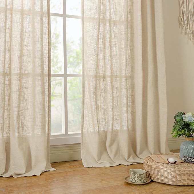 LAMIT Semi Sheer Linen Curtains 48 Inch Length 2 Panels, Light Filtering Panels Back Tab and Rod Pocket Neutral Drapes for Kitchen/Window/Loft Room, 34 x 48 Inch