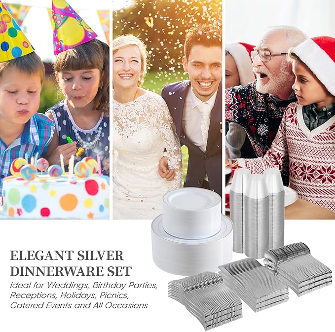 FOCUSLINE 600 Ct Silver Dinnerware Set for 100 Guests - Silver Rimmed Disposable Plastic Plates, Includes 100 Dinner & Salad Plates, Cups, Cutlery Set for Wedding Parties