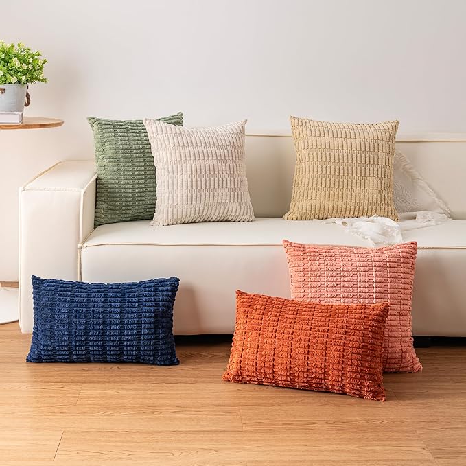 Pack of 2 Corduroy Decorative Throw Pillow Covers 18x18 InchSoft Boho Striped Pillow Covers Modern Farmhouse Home Decor for Sofa Living Room Couch Bed（Sage Green）