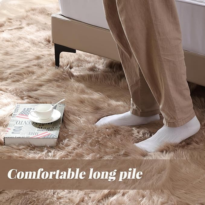 ORINOVA Beige Fuzzy Living Room Washable Area Rug 5ft Round Shag Faux Sheepskin Nursery Rug for Bedroom Teen Room Home Decor Soft Fluffy Circle Carpet