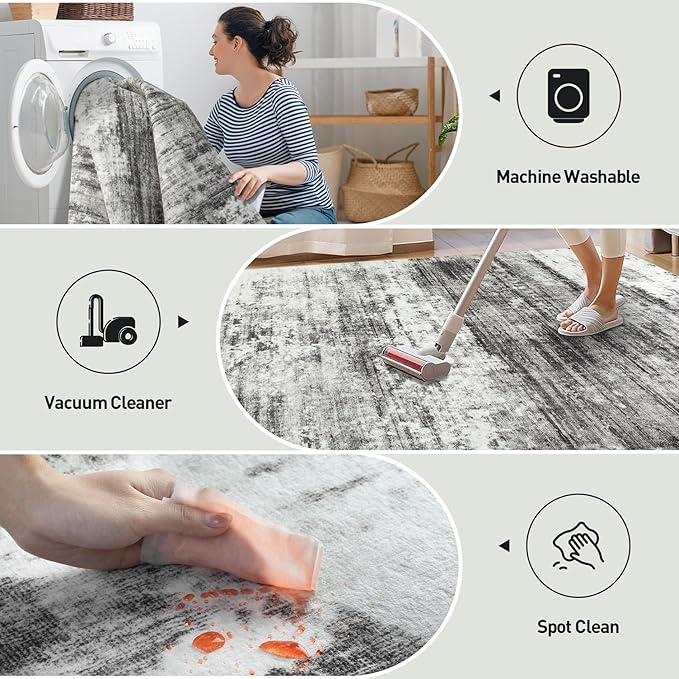 2'6''x8' Runner Rugs Washable Rug: Modern Abstract Hallway Runner Rug Indoor Soft Low Pile Thin Carpet Anti-Skid Non-Shedding Carpets for Kitchen, Entryway, Laundry, Bedroom - Black Grey