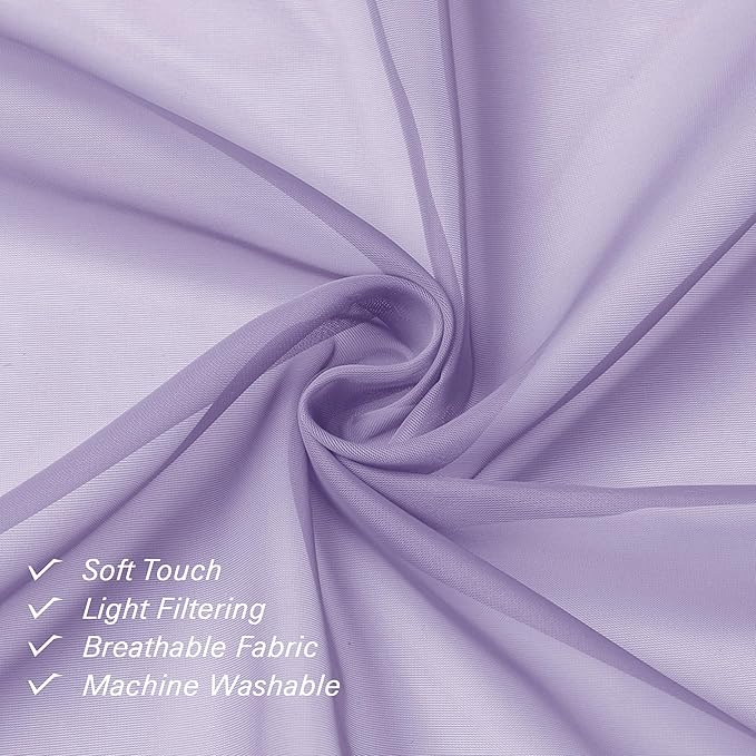Lecloud Light Filtering Lavender Sheer Curtains 63 Inch Length 2 Panels, Solid Kitchen/Living Room/Bedroom Voile Light Purple Curtain, Dual Rod Pockets Window Short Gauzy Drapes, 40x63 Inches