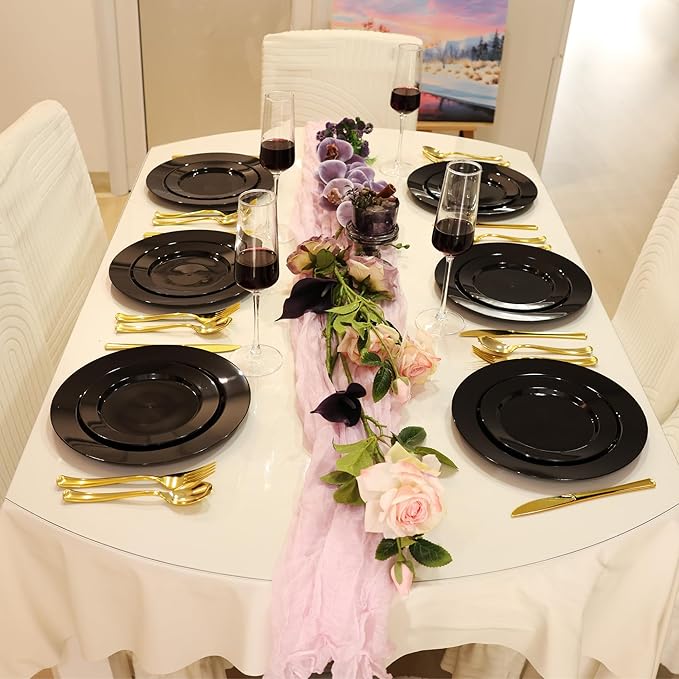 200 PCS Black Plastic Plates, Plastic Black Disposable Plates Include 100 10 inch Dinner Plate and 100 7 inch Dessert Plate,black plates Perfect for New Year Party, Wedding