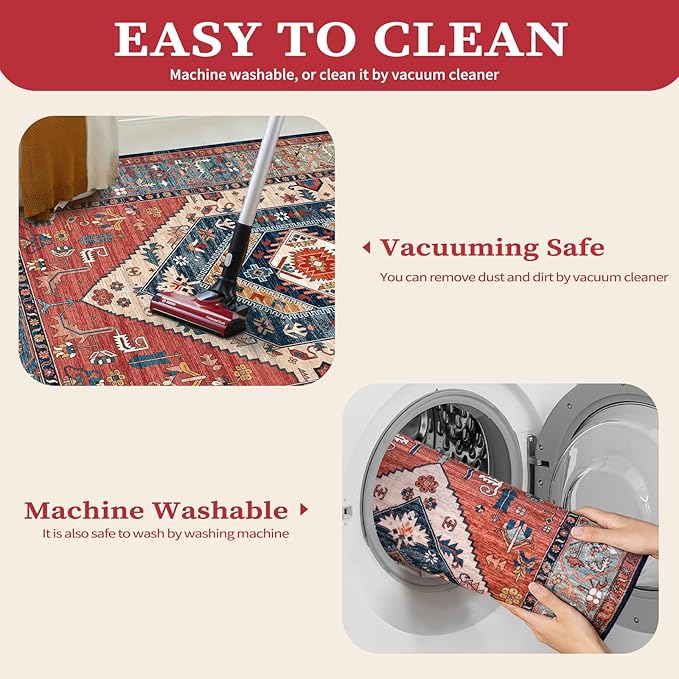 SERISSA Area Rug 4x6 Boho Rugs for Bedroom, Washable Non-Slip Living Room Rugs, Ultra Soft Vintage Print Distressed Rust Rug Low-Pile Throw Carpet for Entry Bedroom Nursery Kitchen Dorm Decor