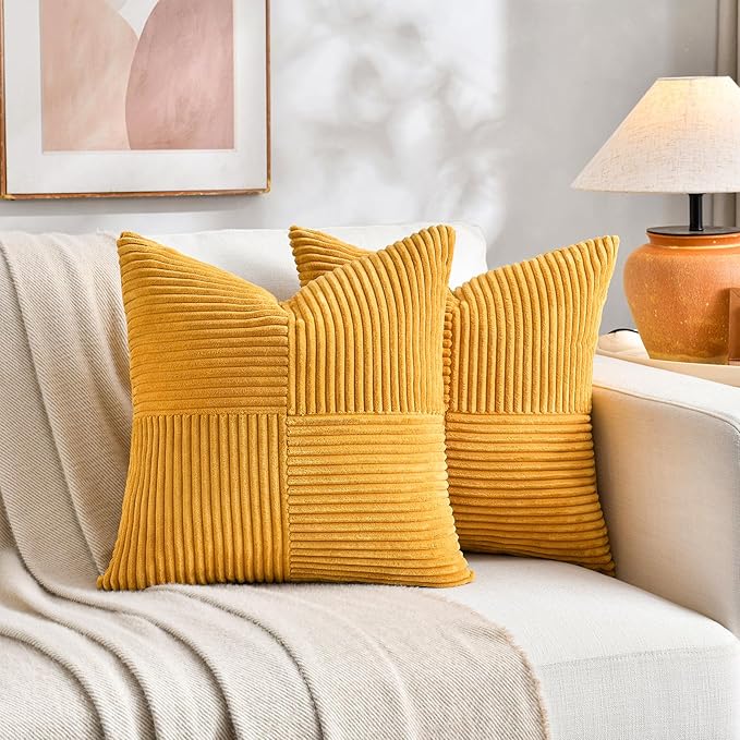 Fancy Homi 2 Packs Gold Yellow Big Decorative Throw Pillow Covers 24x24 Inch for Couch Bed Sofa, Rustic Farmhouse Boho Home Decor, Soft Corss Corduroy Patchwork Accent Square Cushion Case 60x60 cm