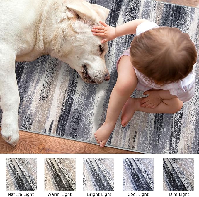 Lansny Modern Abstract Runner Rug 2.6x8, Grey Black Multi Washable Kitchen Runner Non-Slip Soft Hallway Rug Runner Thin Print Faux Wool Carpet for Entryway Bedroom Laundry Room Indoor Home Decor