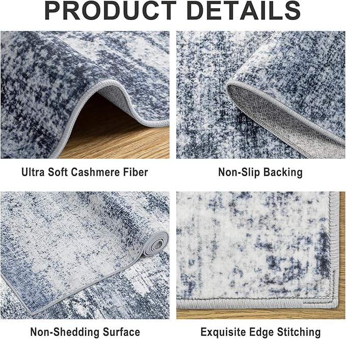 Area Rugs Living Room Rug - 4x6 Washable Modern Abstract Soft Neutral Non-Slip Carpet Large Indoor Floor Thin Carpets for Bedroom Dining Room Farmhouse Nursery Home Office Grey Blue