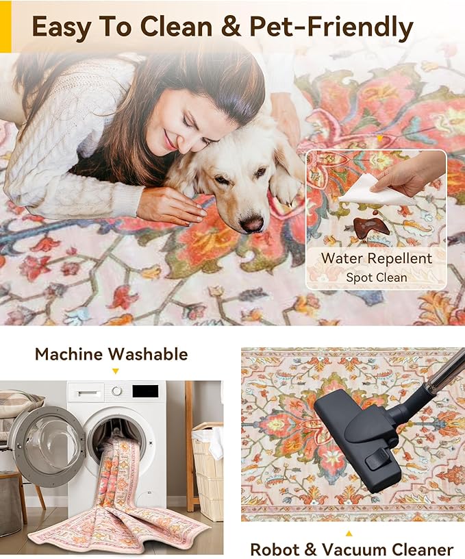 RELEANY Area Rugs 3'x4' Washable Non-Slip, Floral Vintage Distress Print Pattern Medallion Carpet for Living Room Bedroom Dining Room, Light Pink Colorful