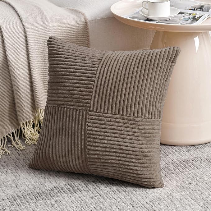 Fancy Homi Set of 2, Light Brown Patchwork Corduroy Decorative Soft Striped Modern Accent Cushion Case Farmhouse Boho Neutral Throw Pillow Covers for Chair Couch Bed Sofa Living Room 20x20 Inch