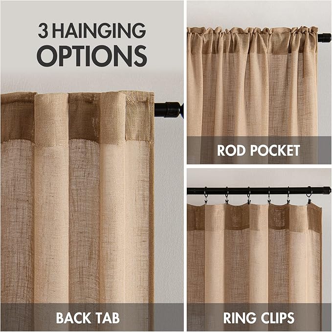 MIULEE Light Brown Linen Curtains 63 Inch Length 2 Panels for Bedroom Living Room, Soft Thick Linen Textured Kitchen Window Drapes Semi Sheer Light Filtering Back Tab Rod Pocket Burlap Look Decor