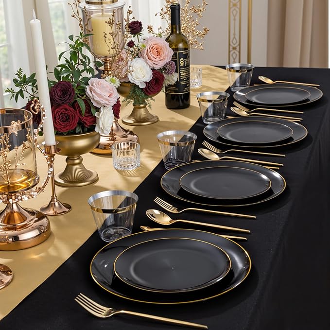 bUCLA 150PCS Black and Gold Plastic Plates - Black Gold Plastic Dinnerware Set Disposable - Include 25 Dinner / 25 Dessert Plates, 25 Knives, 25 Forks, 25 Spoons, 25 Cups, Ideal for Party & New Year