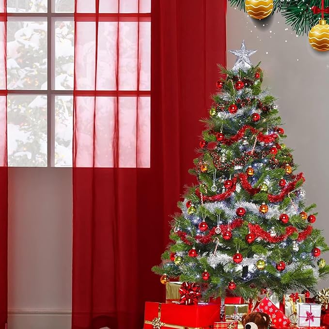 SpaceDresser Sheer Voile Window Treatment Rod Pocket Curtain Panels for Kitchen Bedroom Living Room Drapes Sunlight Filtering Privacy Semi Home Decor Assorted Colors Sizes (Christmas Red, 52 W x 72 L)