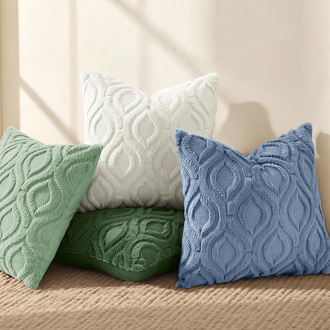 decorUhome Throw Pillow Covers 18x18 Inch Set of 2, Soft Plush Faux Wool Dusty Blue Solid Couch Pillow Covers, Accent Farmhouse Neutral Square Pillow Cases for Sofa Bed Living Room