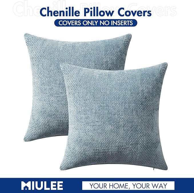MIULEE Pack of 2 Couch Throw Pillow Covers 20x20 Inch Coastal Smoke Blue Modern Boho Accent Decorative Pillow Covers Soft Chenille Farmhouse Cushion Covers for Home Decor Bed Sofa Living Room