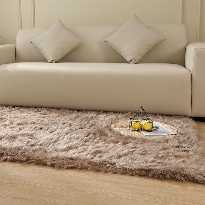 ORINOVA Faux Sheepskin Beige 3x5 Fluffy Fur Washable Area Rugs for Bedroom Shaggy Carpet for Living Room Nursery Rug Cute Home Décor
