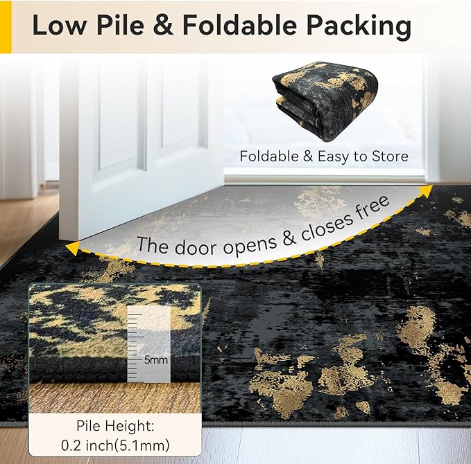 Washable Area Rugs Square 10ft Non-Slip Modern Abstract Soft for Living Room Entryway Bedroom Nursery, Print Pattern, Dark Black Gold