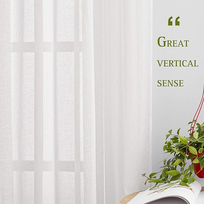 NICETOWN Linen Textured White Sheer Curtains for Living Room, Privacy Chic Sheer Curtains Window Treatment Semi Privacy Drapes for Farmhouse/Cottage, W52 x L120, 1 Pair