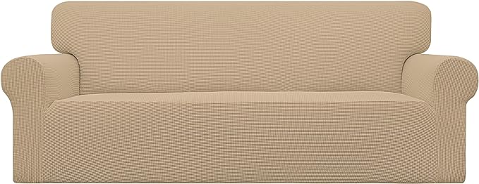 Easy-Going Stretch Sofa Slipcover 1-Piece Sofa Cover Furniture Protector Couch Soft with Elastic Bottom for Kids, Polyester Spandex Jacquard Fabric Small Checks (Sofa, Sand)