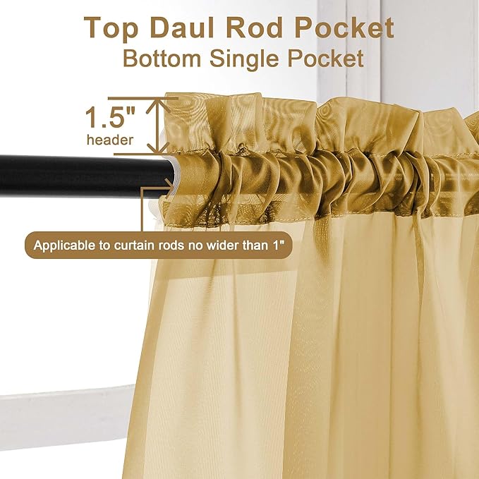 Chyhomenyc Gold Sheer Curtains 84 inches Long 2 Panels Set - Light Filtering Curtains for Living Room, Soft Gentle Voile Rod Pocket Bedroom Window Drapes, 42Wx84L Inch, 2PCS