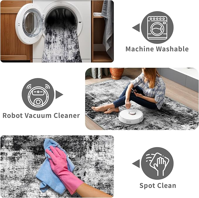 4x12 Runner Rug for Wide Hallway: Long Washable Runners for Entryway Living Room Dining Room - Stain and Water Resistant Rugs with Non-Slip Backing - Soft Low-Pile Carpet Black Grey