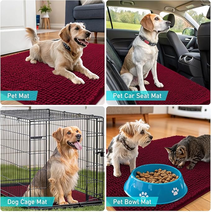 OLANLY Dog Door Mat for Muddy Paws 47x24, Absorbs Moisture and Dirt, Absorbent Non-Slip Washable Doormat, Quick Dry Chenille Mud Mat for Dogs, Entry Indoor Entryway Carpet for Inside Floor, Burgundy