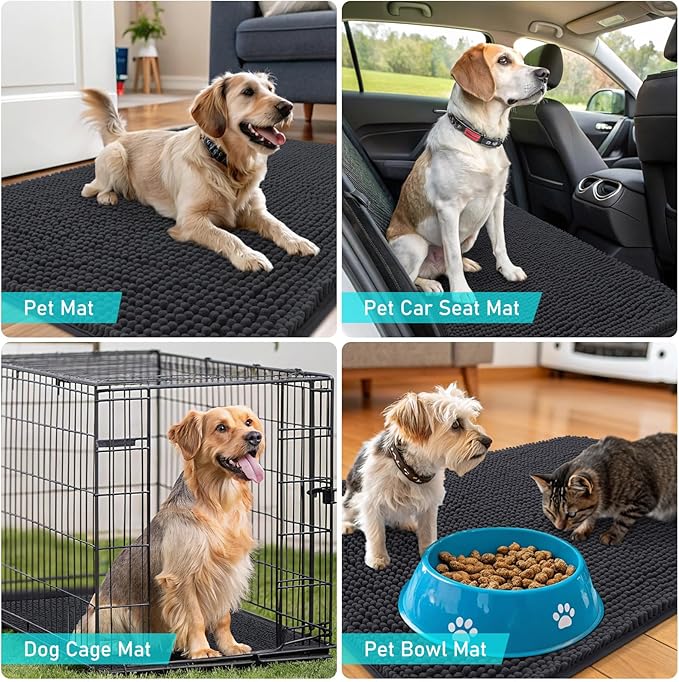 OLANLY Dog Door Mat for Muddy Paws 44x24, Absorbs Moisture and Dirt, Absorbent Non-Slip Washable Doormat, Quick Dry Chenille Mud Mat for Dogs, Entry Indoor Entryway Carpet for Inside Floor, Dark Grey