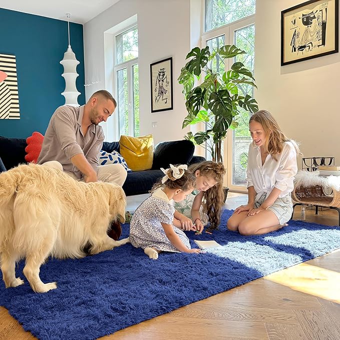 OLANLY 2x2 Machine Washable Small Rug, Soft Fluffy Shaggy Throw Rug for Bedroom, Entryway, Indoor Floor Carpet for Kids, Nursery, Home Decor, Navy Blue