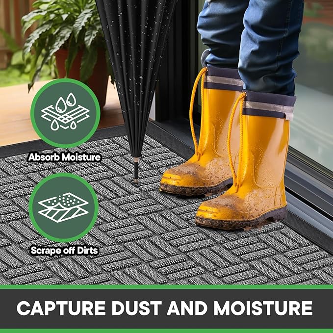Mibao Front Door Mat, Heavy Duty Durable Welcome Mat for Outdoor Indoor, Dirt Trapper Waterproof Super Absorbent Door Mat for Entryway Outside Patio Porch, 35.5" x 24", Light Grey