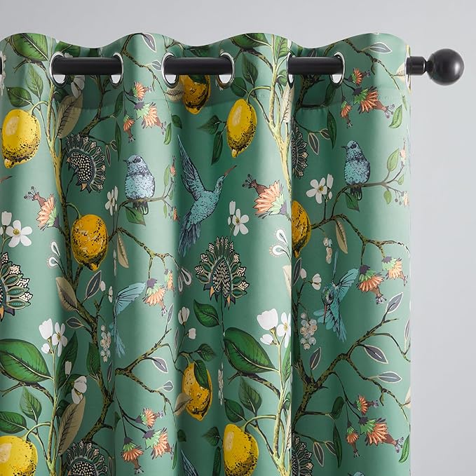 Extra Long 108 Inches Curtains for Large Window Funky Sage Green Tall Light Blocking Fun Floral Hummingbird Leaf Flower Jungle Forest Fancy Grommet Microfiber Lined High Ceiling Curtains 2 Panels 9FT